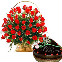 25 rad roses basket 500g chocalate cake heart shaped